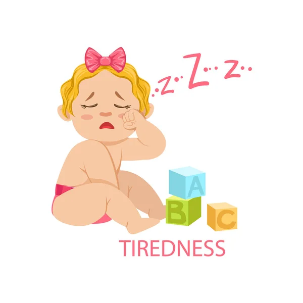 Pequena menina em fralda está cansada e precisa dormir, parte das razões do bebê estar infeliz e chorando Coleção de ilustração de desenhos animados —  Vetores de Stock