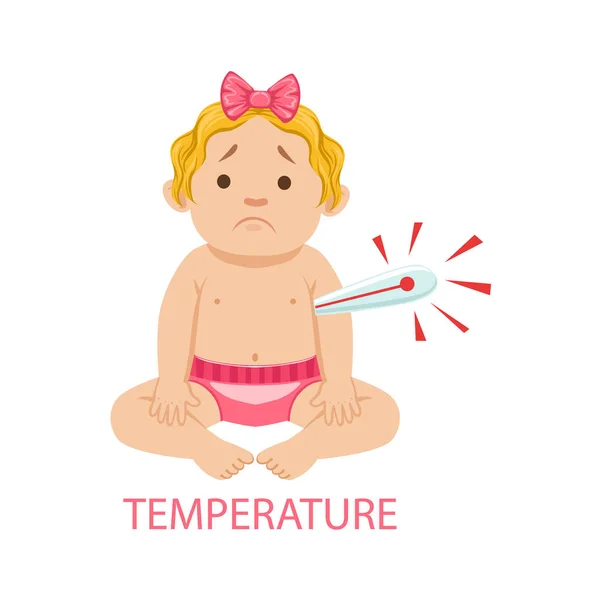 Küçük bebek kız bebek bezi ile termometre içinde ateş, parçası bebek olma nedenleri mutsuz ve ağlıyor çizgi film illüstrasyon koleksiyonuna sahiptir — Stok Vektör
