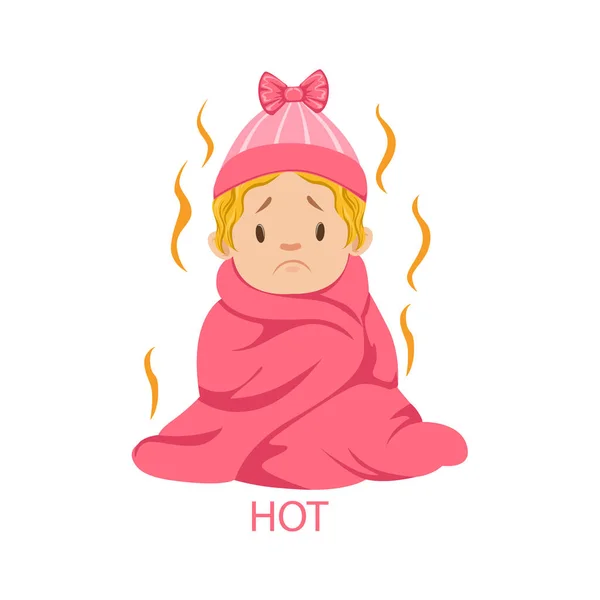 A menina pequena no chapéu e no cobertor é demasiado quente, parte das razões do infante ser infeliz e chorando coleção da ilustração dos desenhos animados — Vetor de Stock