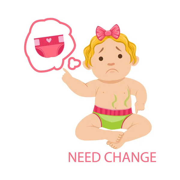 Little Baby Girl In Dirty Nappy Needs Change, Part Of Reasons Of Infant Being Unhappy And Crying Cartoon Illustration Collection — Stock Vector