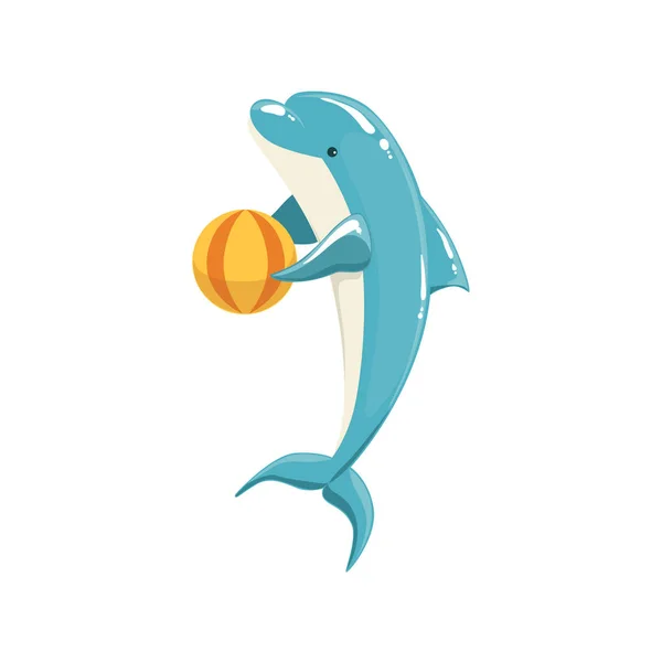 Μπλε ρινοδέλφινο κρατώντας την μπάλα για ψυχαγωγία εμφάνιση, ρεαλιστική υδρόβιων θηλαστικών του φορέα σχεδίασης — Διανυσματικό Αρχείο