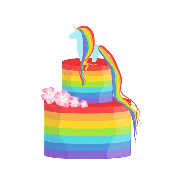 虹とユニコーン ゲイプライド色ケーキ結婚式や誕生日のお祝いに特別な大きなパーティー デザートを装飾 — ストックベクタ
