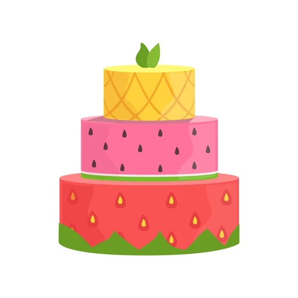 Gâteau à trois couches avec fraise, pastèque et ananas décoré grand dessert spécial de partie d'occasion pour le mariage ou la célébration d'anniversaire — Image vectorielle
