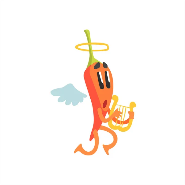 Engel Red Hot chilipeper gehumaniseerd emotionele platte stripfiguur met vleugels en Halo spelen Lyre — Stockvector