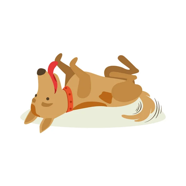 Happy Brown Pet Dog Rolling On The Back, Animal Emotion Cartoon Illustration — стоковый вектор