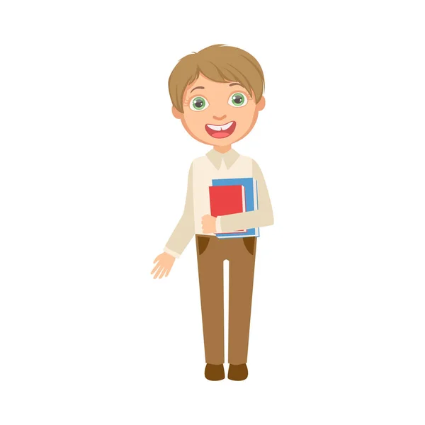 Niño en pantalones marrones y chaleco blanco sosteniendo libros Niño escolar feliz en uniforme escolar de pie y sonriente personaje de dibujos animados — Vector de stock