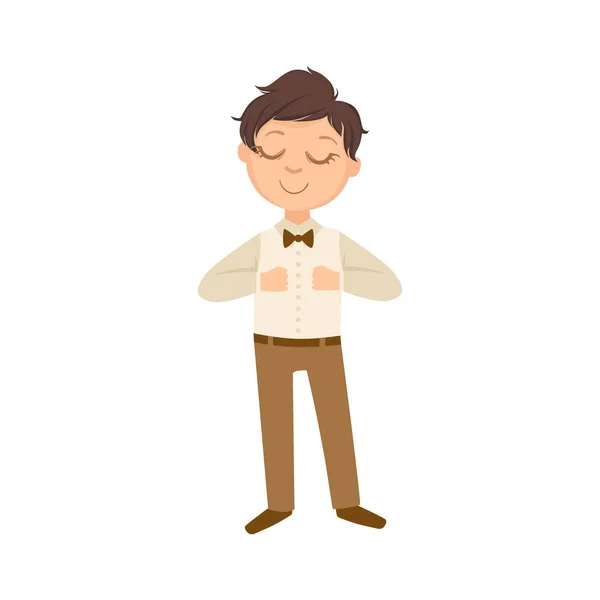 Ragazzo in pantaloni marroni e cravatta di prua scolaro felice in uniforme scolastica in piedi e sorridente personaggio dei cartoni animati — Vettoriale Stock