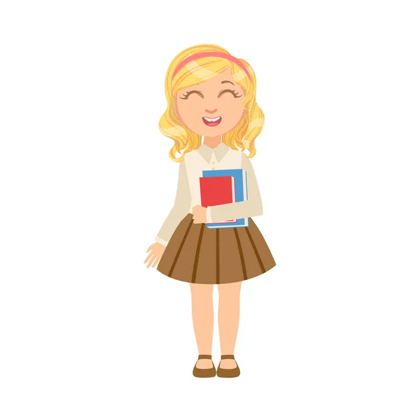 Dívka v hnědé sukni hospodářství knihy šťastný vulkánských ve školní uniformě stál a usmíval se kreslená postavička — Stockový vektor