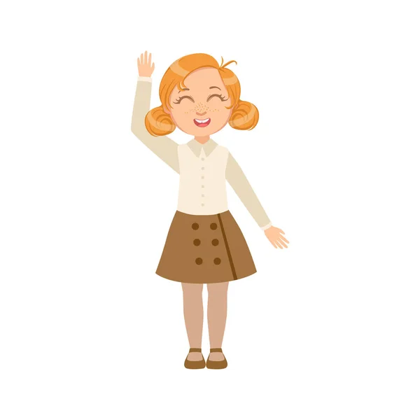 女孩在棕色裙子、 背心快乐做校服站和微笑的卡通人物 — 图库矢量图片
