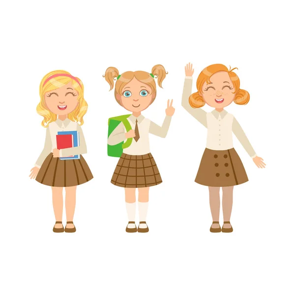 Dívky v hnědá sukně šťastný Schoolkids v podobných kolekci školních uniformách stál a usmíval se kreslená postavička — Stockový vektor