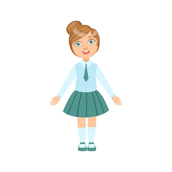 Chica en falda azul y corbata feliz escolar en uniforme escolar de pie y sonriente personaje de dibujos animados — Archivo Imágenes Vectoriales