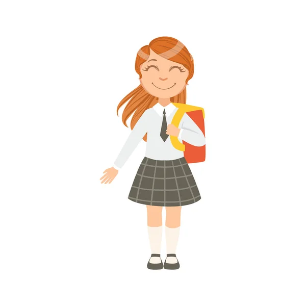 Chica en negro a cuadros falda y corbata feliz escolar en uniforme escolar de pie y sonriente personaje de dibujos animados — Archivo Imágenes Vectoriales