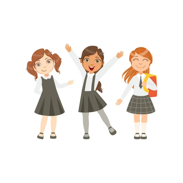 Chicas en trajes blancos y negros Colegiales felices en una colección similar Uniformes escolares de pie y sonriente personaje de dibujos animados — Archivo Imágenes Vectoriales