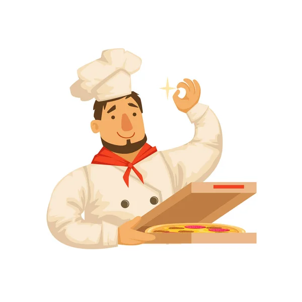 Chef Packing Pizza In Box,Part Of Italian Fast Food Cuisine Restaurant Takeout Delivery Service Collection Of Illustrations — Stock Vector