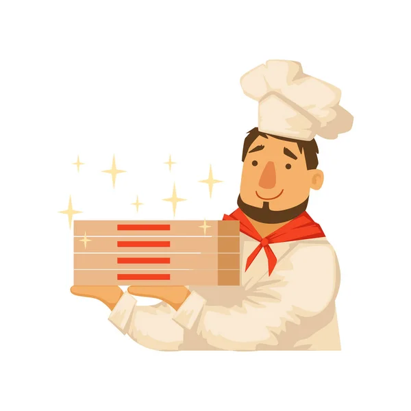 Chef-kok bedrijf stapel pizzadozen, deel van Italiaans Fast Food keuken Restaurant Takeout Delivery Service Collection van illustraties — Stockvector