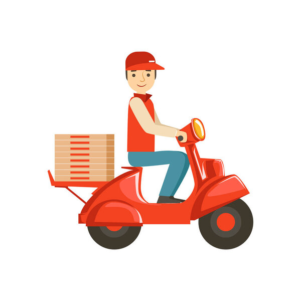 Curier On Scooter Delvering Pizza,Part Of Italian Fast Food Cuisine Restaurant Takeout Delivery Service Collection Of Illustrations