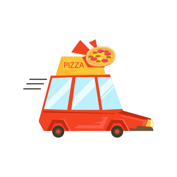 Auto met Pizza teken leveren van Food, deel van Italiaans Fast Food keuken Restaurant Takeout Delivery Service collectie van illustraties — Stockvector