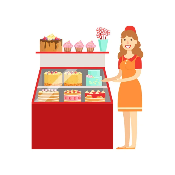 Kobieta sprzedaży ciasta i piekarnia, centrum handlowego i Department Store sekcji ilustracja — Wektor stockowy