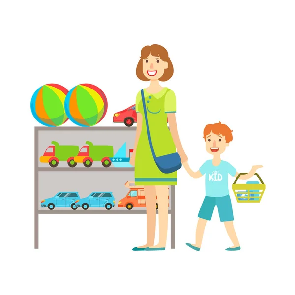 Matka a dítě nakupování pro hračky, nákupní centrum a obchodní dům sekce ilustrace — Stockový vektor