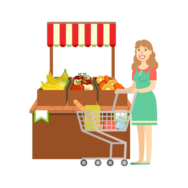 Mujer Comprando Frutas, Centro Comercial y Departamento de Tiendas Sección Ilustración — Vector de stock