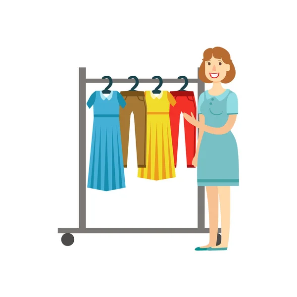 Femme faisant du shopping pour vêtements, centre commercial et grand magasin section Illustration — Image vectorielle