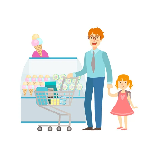 Father And Daughter Shopping For Sweets, Shopping Mall And Department Store Section Illustration — Stock Vector