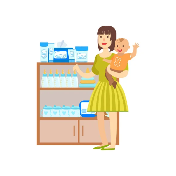 Mujer con un bebé comprando comida para bebés, centro comercial e ilustración de la sección de grandes almacenes — Vector de stock