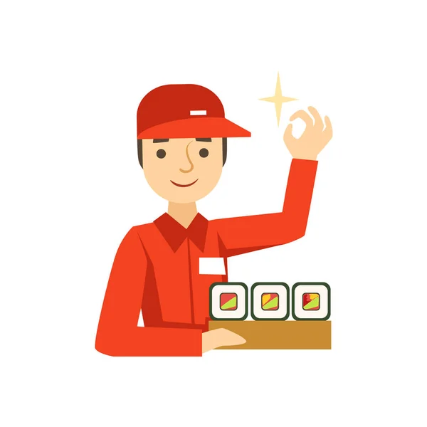 Trabajador del servicio de entrega en uniforme rojo sosteniendo una porción de rollos de sushi del restaurante japonés — Vector de stock