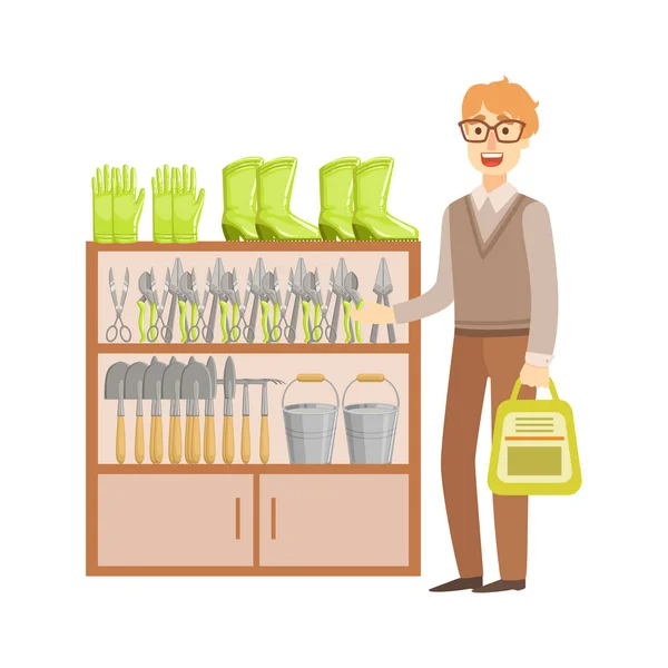 Hombre de compras para el equipo de jardinería, centro comercial y tienda por departamentos Sección Ilustración — Vector de stock