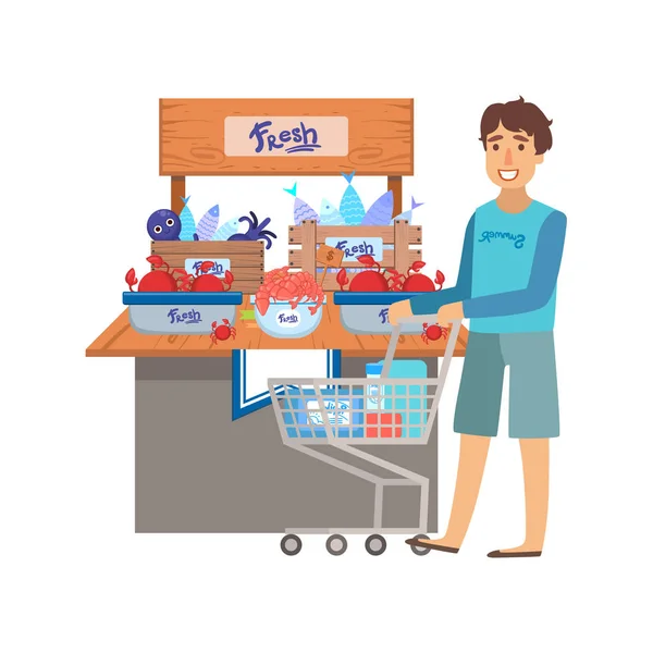 Homem que faz compras para frutos do mar frescos, shopping center e departamento loja seção ilustração — Vetor de Stock