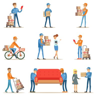 Farklı teslimat hizmeti işçi ve istemcileri, paketleri ve illüstrasyonlar Mobilya Set getiren Movers teslim kuryeler gülümseyen