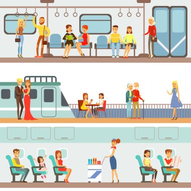 Metro, uçak ve gemi çizgi film sahneleri mutlu yolcuları ile gülümseyen insanlar farklı taşıma, ayarla