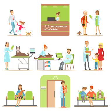 Veteriner muayene veteriner Kliniği koleksiyonunda resimler için onların Pets getirmek gülümseyen çizgi film karakterleri
