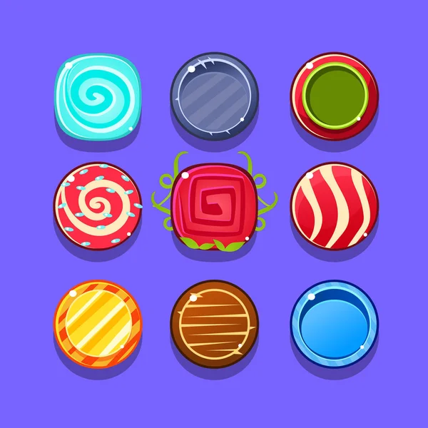Colorido duro caramelo flash juego elemento plantillas diseño conjunto con coloridos dulces redondos para tres en la fila tipo de videojuego — Archivo Imágenes Vectoriales