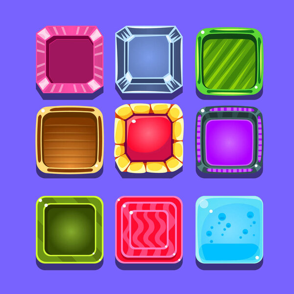 Разноцветные драгоценные камни Flash Game Element Templates Design Set With Colorful Square Candy For Three In The Row Type of Video Game
