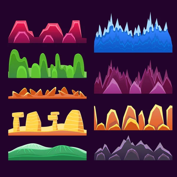 Montañas alienígenas y coloridos patrones de fondo sin costuras de paisajismo del desierto para el diseño de juegos de plataformas 2D — Vector de stock