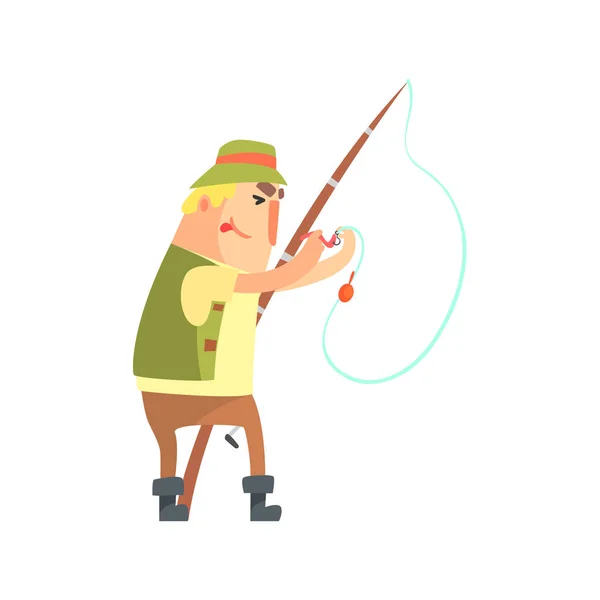 Amatérský rybář v Khaki šaty uvedení červ návnadu na háček kreslené vektorové charakter a jeho ilustrace Hobby — Stockový vektor