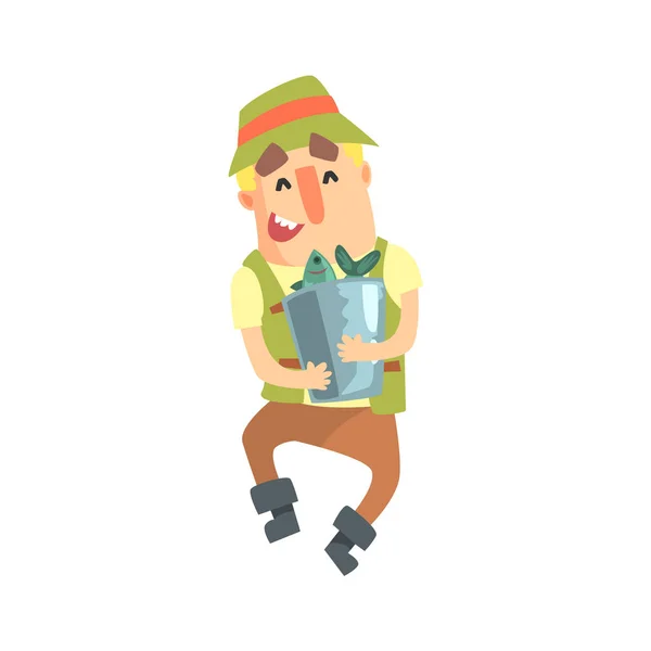 Feliz amateur pescador en caqui ropa llevar cubo lleno de peces dibujos animados vector carácter y su hobby ilustración — Vector de stock