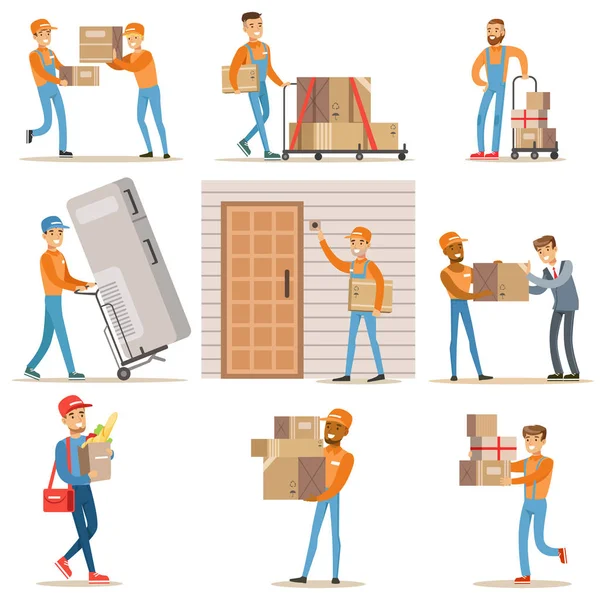 Different Delivery Service Workers And Clients, Smiling Couriers Delivering Food And Equipment From Shop And Mailmen Bringing Packages Set Of Illustrations — Stock Vector