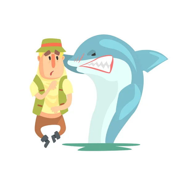 Haki elbise toplantı A köpek balığı karikatür vektör karakter ve onun hobi illüstrasyon korkmuş amatör balıkçı — Stok Vektör