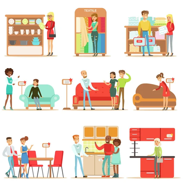 Smiling Shoppers In Furniture Shop, Shopping For House Decor Objects With Help Od Professional Department Store Sellers — Stock Vector