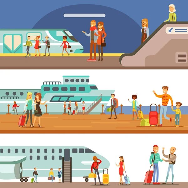 Pessoas sorridentes embarque diferente transporte, metro, avião e navio conjunto de cenas de desenhos animados com viajantes felizes — Vetor de Stock