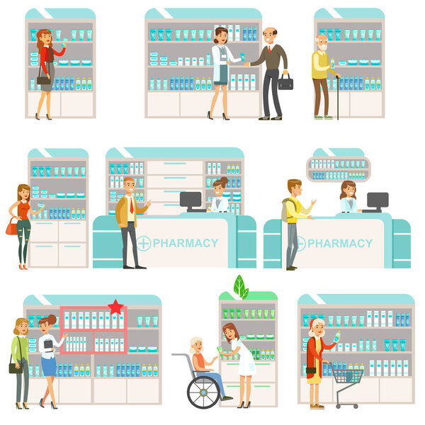Smiling People In Pharmacy Choosing And Buying Drugs And Cosmetics Set Of Drugstore Scenes With Pharmacists And Clients