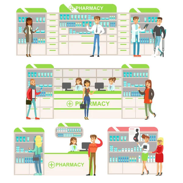 Sourire dans la pharmacie Choisir et acheter des médicaments et des cosmétiques Collection de scènes de pharmacie avec les pharmaciens et les clients — Image vectorielle