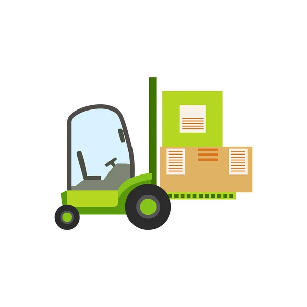 El coche verde del almacén de la carretilla elevando los paquetes de la caja de papel, maquinaria del almacén sin conductor — Archivo Imágenes Vectoriales