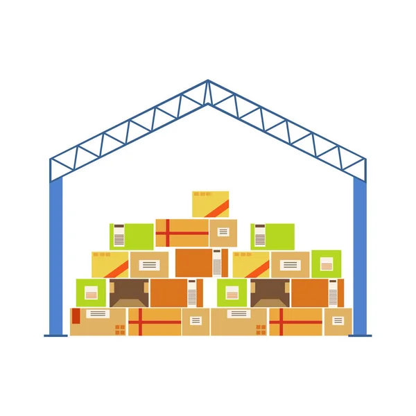 Armazém de construção de telhado de metal de construção com empilhados pacotes de caixa de papel armazenados debaixo — Vetor de Stock