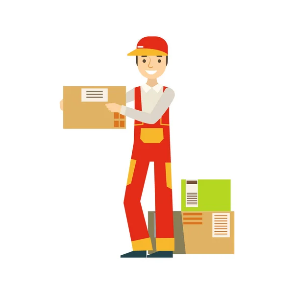 Paquetes de caja de papel apilados en el almacén con una empresa de entrega Trabajador que envía las órdenes — Vector de stock