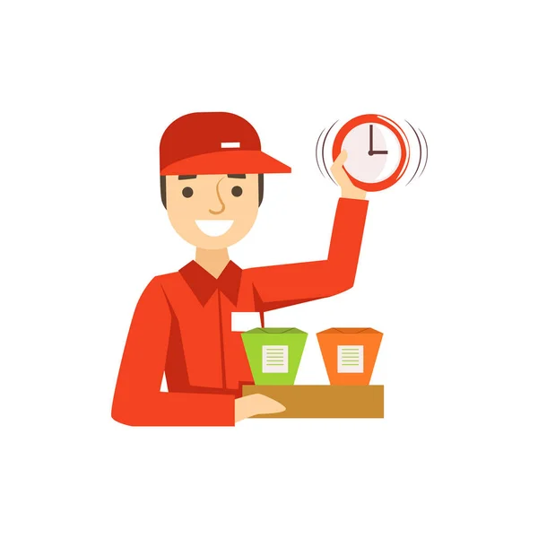 Delivery Service Worker In Red Uniform Holding Packed Wok Noodles And Clock Ready To Ship The Order — Stock Vector