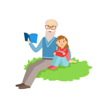 Dede ve torunu kitap okumak, Resimler birlikte kümesi büyükbaba veya büyükanne ve torunu geçen zaman