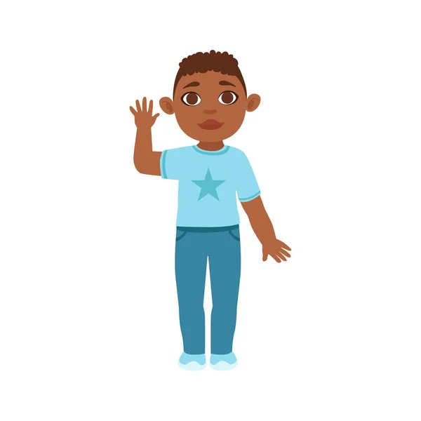 Черный мальчик машет рукой, часть растущих этапов с детьми в разных векторных наборах возраста — стоковый вектор